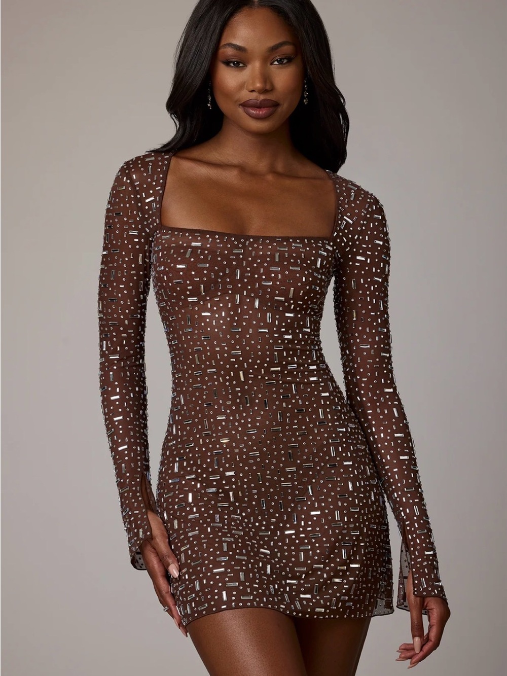 Oh Polly Sheer Embellished Long Sleeve A-Line Mini Dress in Deep Cocoa